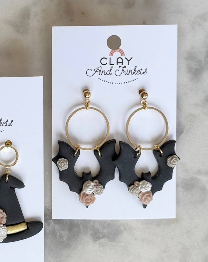 Witch Hat / Floral Bat Dangle Earrings