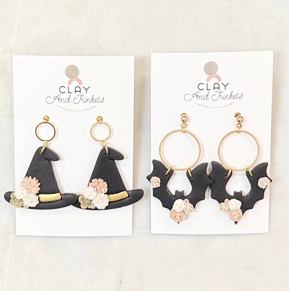 Witch Hat / Floral Bat Dangle Earrings